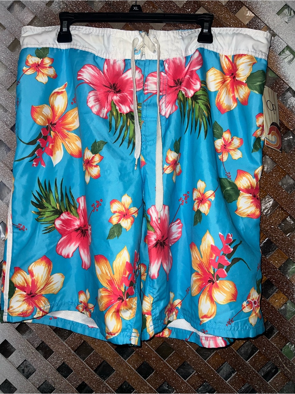 NWT OP Blue Swim Board Shorts Tropicsl Floral Print White Drawstring sz Large